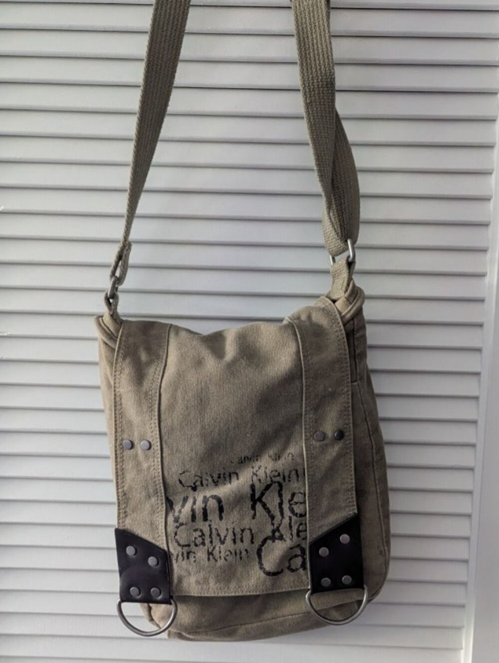 Vintage Calvin Klein canvas Crossbody Tote in Olive Green with Graphic Logo